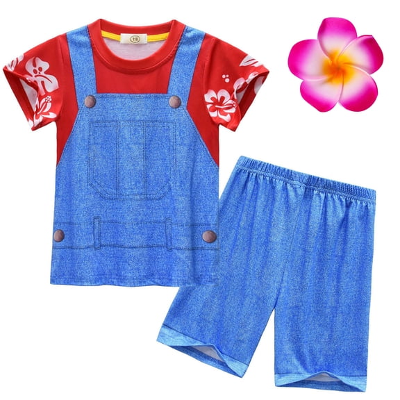 Girls Hawaiian 2 Piece Pajama Set with Flower Clip Floral Cartoon Costume Sleepwear, Size 6-7