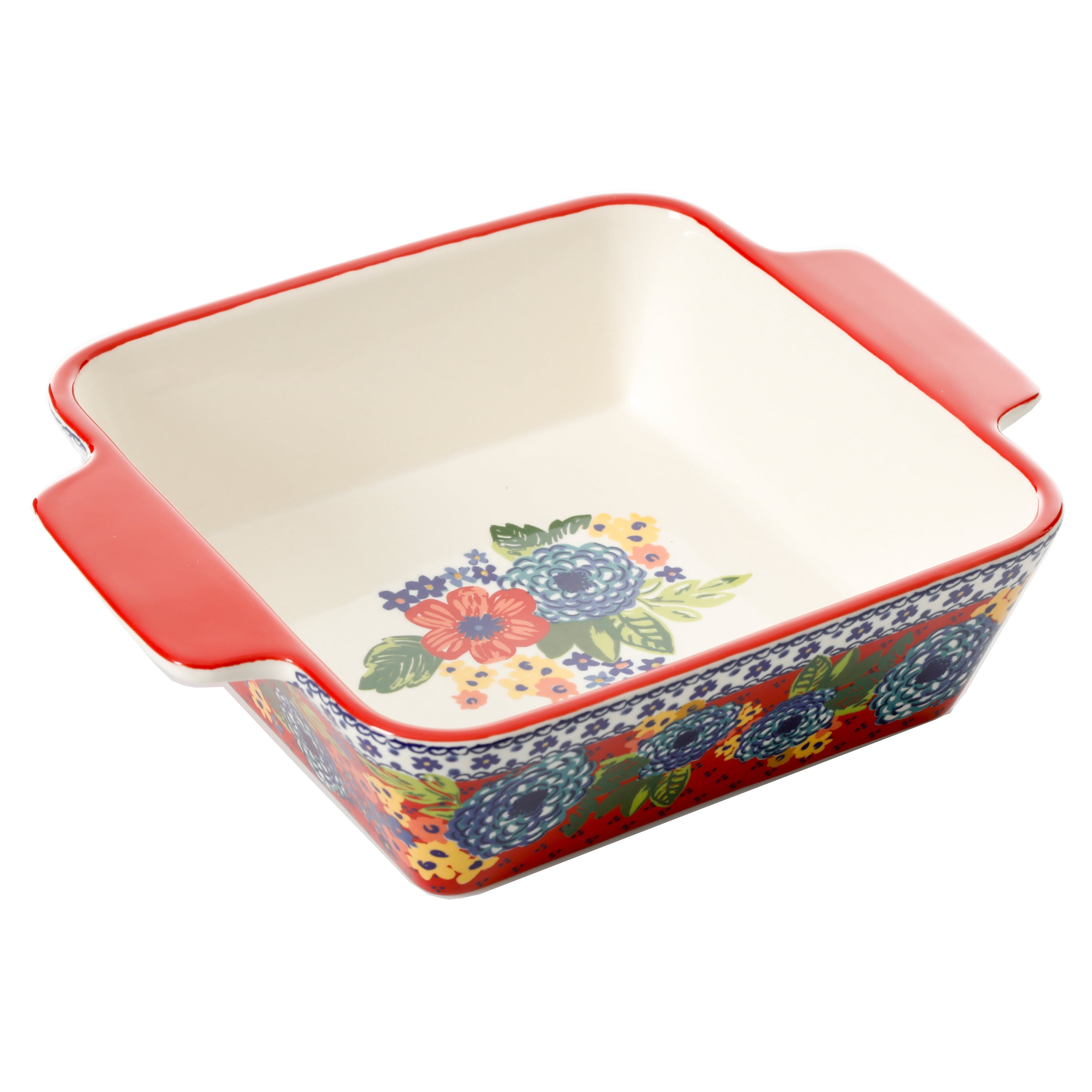 The Pioneer Woman Dazzling Dahlias 8-inch Ceramic Red Square Baker Dish