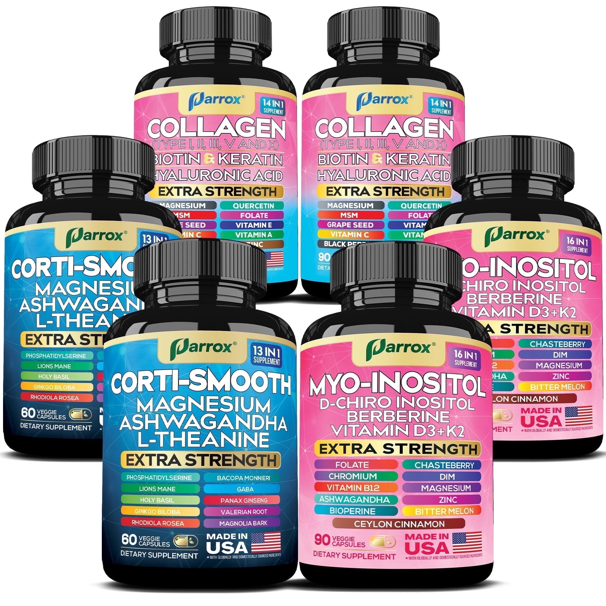 Parrox Ultimate Wellness Bundle – Collagen Peptides Types I, II, III, V, X with Biotin & Keratin,Myo-Inositol,DIM,Vitex,L-Theanine,Berberine,Lions Mane,Cortisol Support,Magnesium,Ashwagandha (2 Pack)