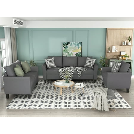 Sofa Couch Set For Living Room, 3 Piece Gray Leather Sofa Set