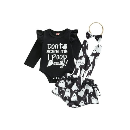 

Gwiyeopda Infant Baby Girls 3 Pieces Suit Set Letter Ghost Print O-Neck Long Sleeve Romper+ Suspender Culottes+ Headband