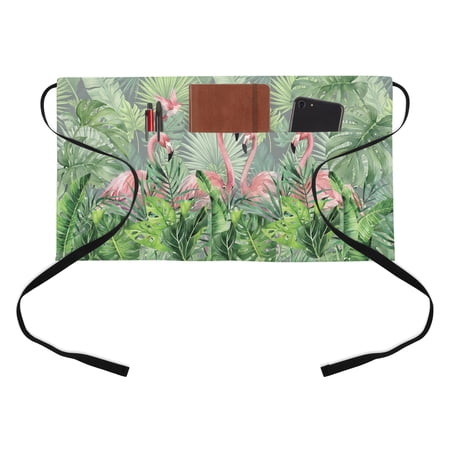 Pink Flamingo Kitchen Restaurant Half Waist Apron, Green Jungle Tropical Palm Leaves Botanical Server Short Apron with 3 Pockets Waterproof Oil Waist Aprons for Women Waitress Waiter