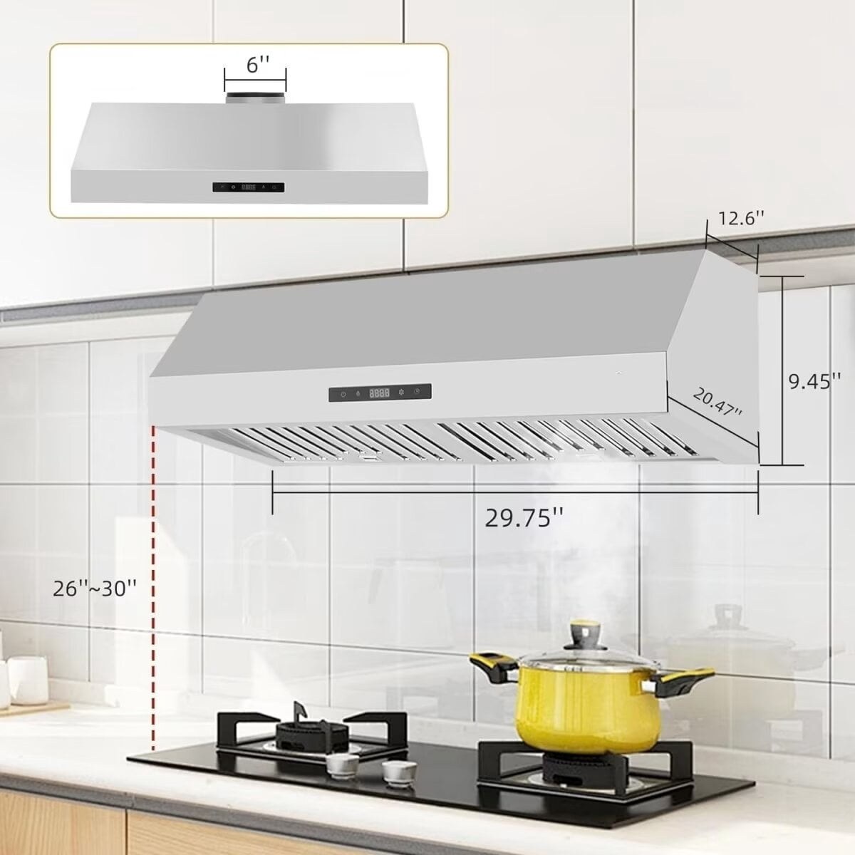 Range Hood 30 Inch, 400CFM Stainless Steel Kitchen Stove Vent Hood 3 Speed Exhaust Fan Touch, Wall Mount Range Hood with Ducted Ductless Convertible, Aluminum Filters