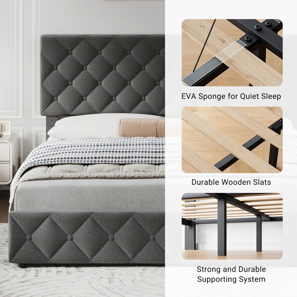 Eastvita Full/Queen/King Size Bed Frame with 4 Storage Drawers and Headboard, Linen Upholstered Platform Bed Frame, Diamond Stitched Button Tufted, Easy Assemble, Noise-Free, No Box Spring Needed