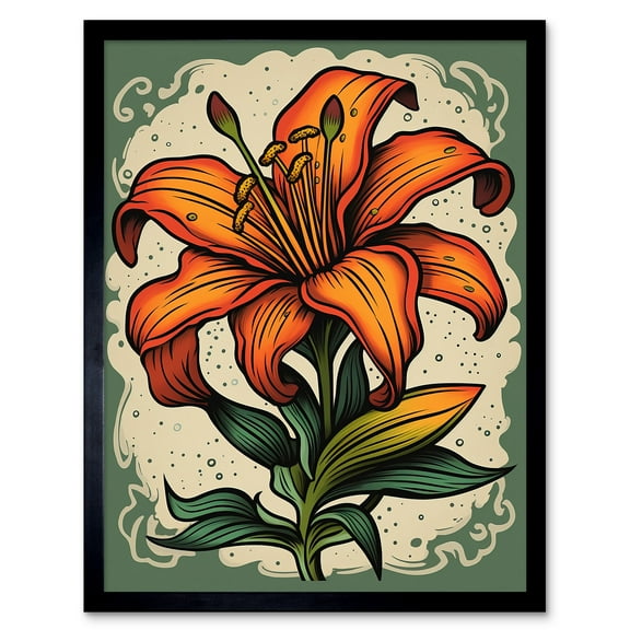 Old School USA Tattoo Ink Body Art Orange Lily Rockabilly Americana 50s Art Print Framed Poster Wall Decor 12x16 inch