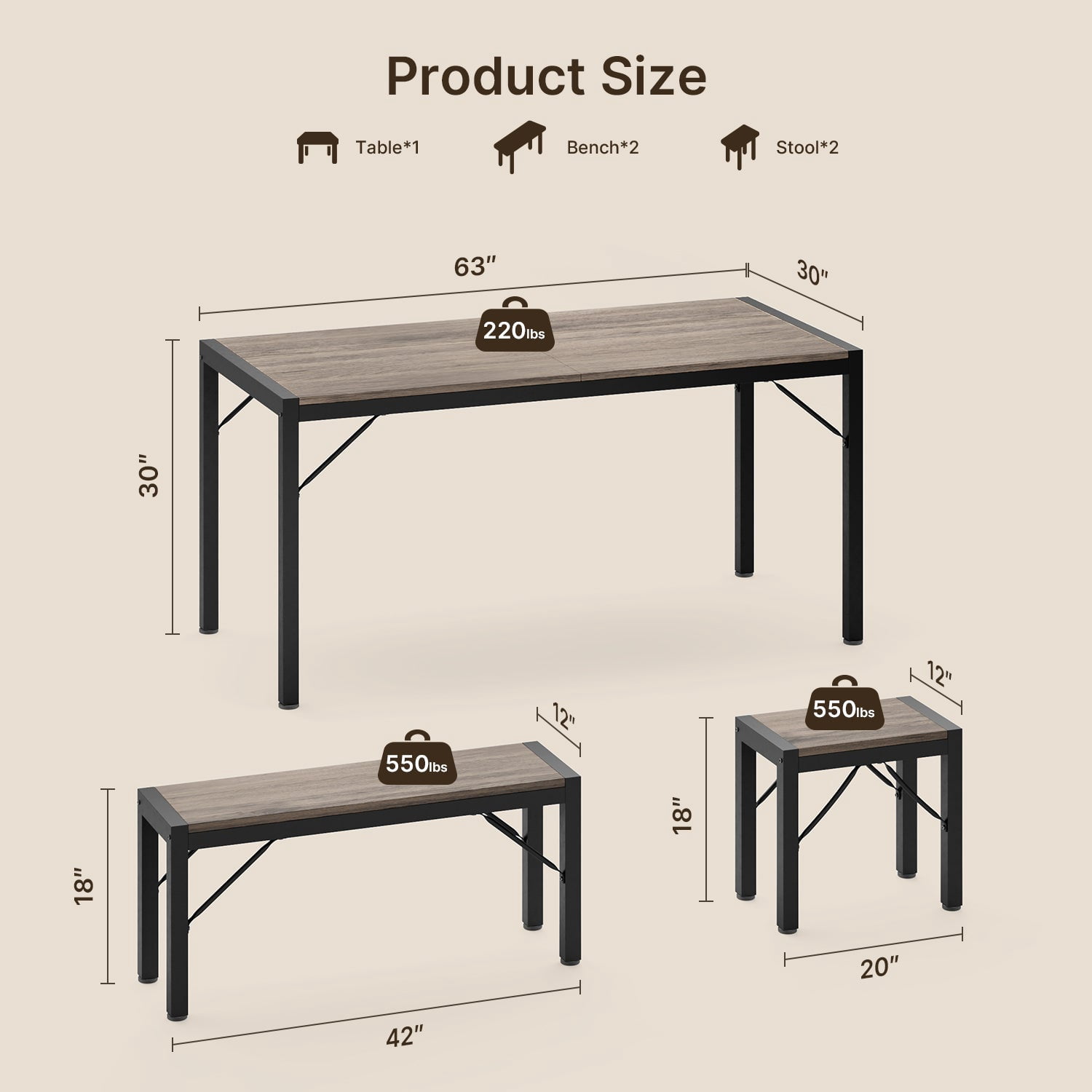 Aiho Dining Table Set for 6 Person, 63" Kitchen Table with 2 Benches & 2 Stools, Space Saver Dining Set for Kitchen, Dining Room, Living Room, Gray