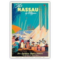 Fly to Nassau by Clipper - New Providence Island Bahamas - Vintage Airline Travel Poster by Mark Von Arenburg c.1950s - Master Art Print 10in x 14in