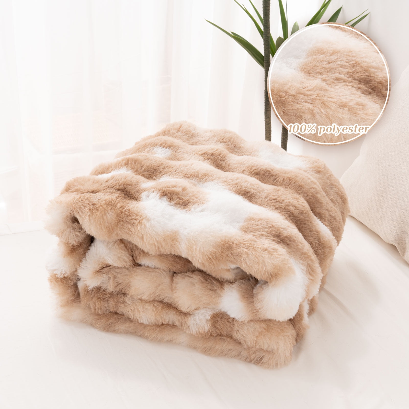 VK·LIVING Thick Ribbed Faux Rabbit Fur Cozy Reversible Throw Blanket,Super Soft 3D Striped Fuzzy Cozy Blankets,Brown,108"x 90"