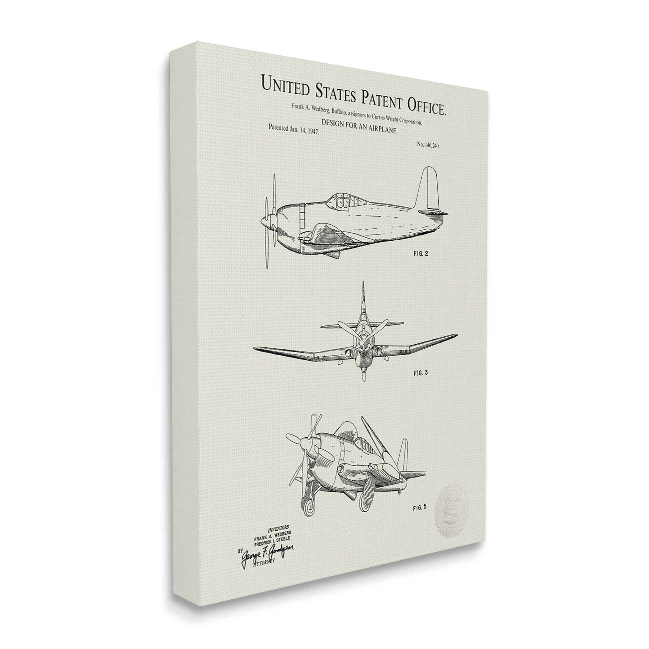 Stupell Industries Detailed Vintage Plane Patent Graphic Art Gallery Wrapped Canvas Print Wall Art, Design by Karl Hronek