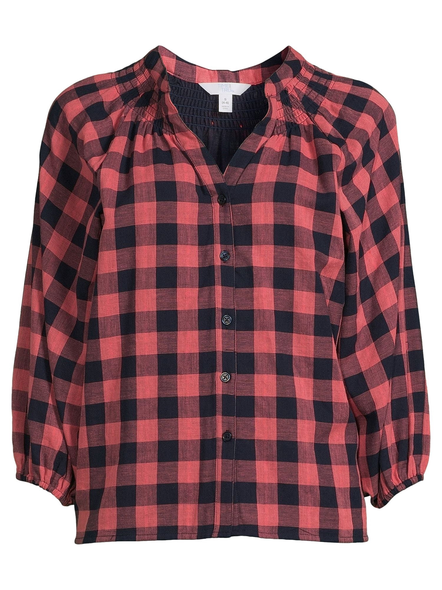 Time and Tru Women's Button Down Top with Puff Sleeves