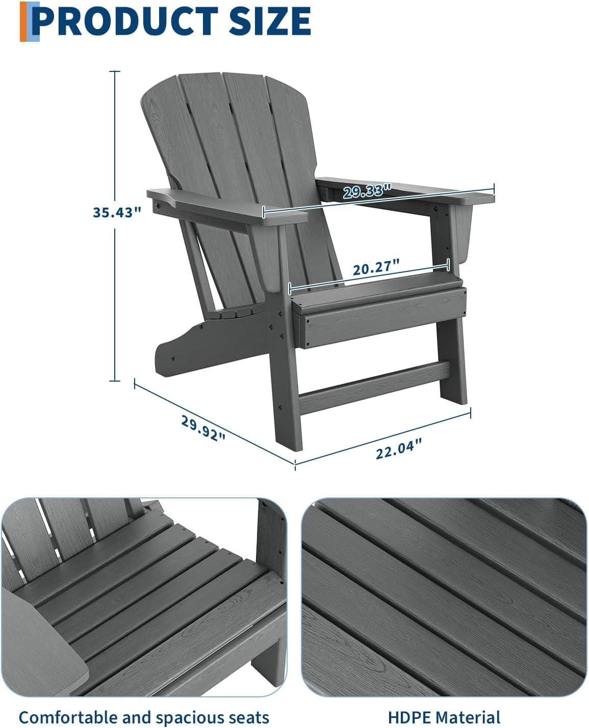 Outdoor Adirondack Chairs, HDPE Plastic Patio Chairs for All Weather, Weather-Resistant Fire Pit Chair with Wide Armrests & Slatted Back, for Patio, Deck, Lawn, Gray