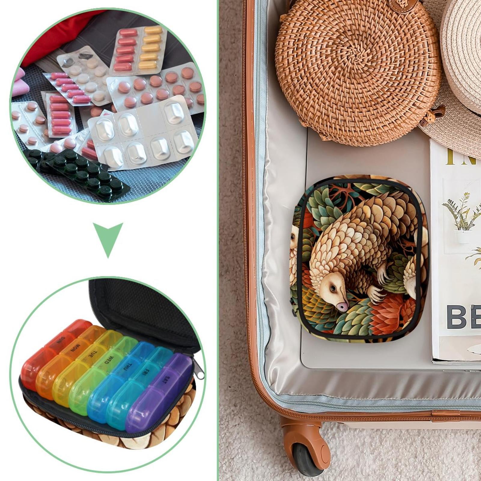 Weekly Pill Organizer 3 Times a Day with Zipper Cloth Bag 7 Day Pill Box Portable Rainbow Pill Case for Vitamins Fish Oils Supplements Unique Pangolin