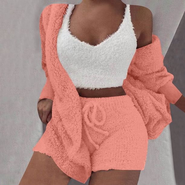 Conjunto de pijama de dos piezas de manga larga con capucha y chaquetas informales para mujer, de terciopelo de doble cara, con capucha, de manga larga, con pantalones cortos y chaqueta, abrigo y pant
