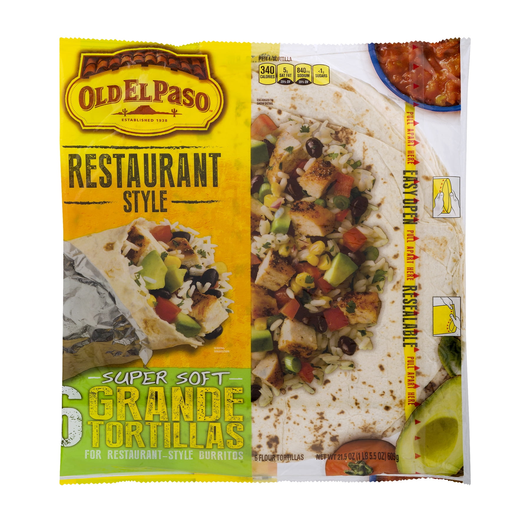 Old El Paso Restaurant Style Grande Flour Tortillas, Meal Prep, 6 Ct, 21.5 oz