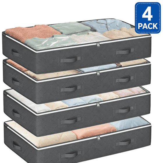 4 Pack Foldable Under Bed Storage Bins, Grey Closet Organizers and Storage with Clear Window, Large Capacity Underbed Storage Containers for Clothing, Blankets, Pillows, Stuffed Animal Storage