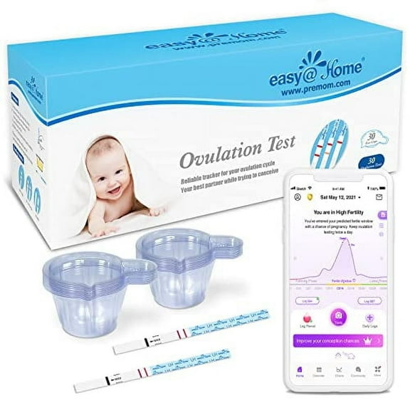 Easy@Home 30 Ovulation Test Strips Kit - with Premom Predictor App | 30 LH   30 Urine Cups