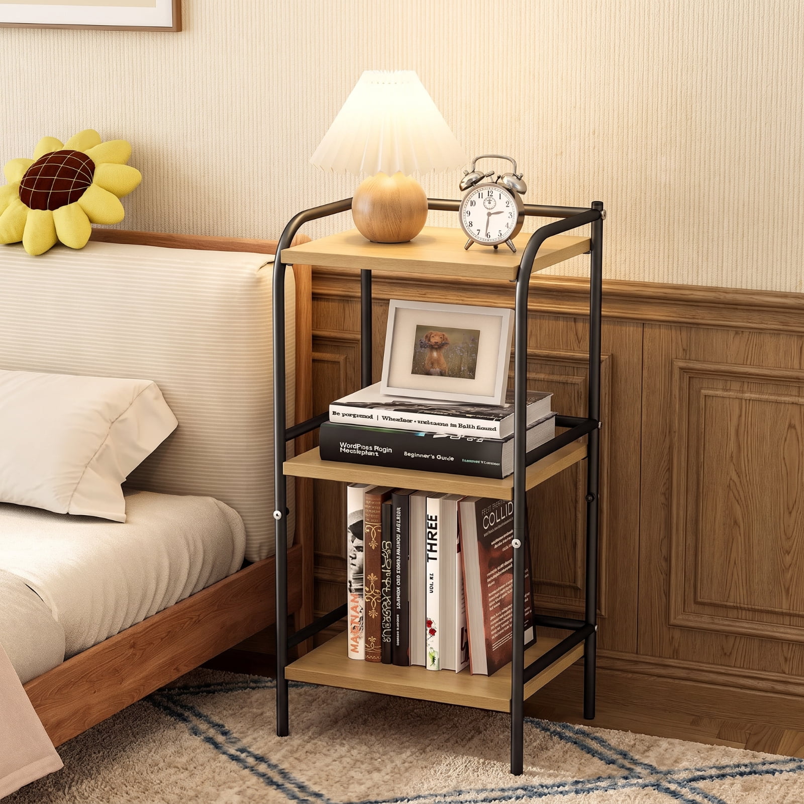 Fenbeli 3-Tier Industrial Bookshelf, Beige Wood and Black Metal Bookcase, Compact Storage Shelf for Living Room Office Kitchen and Small Spaces