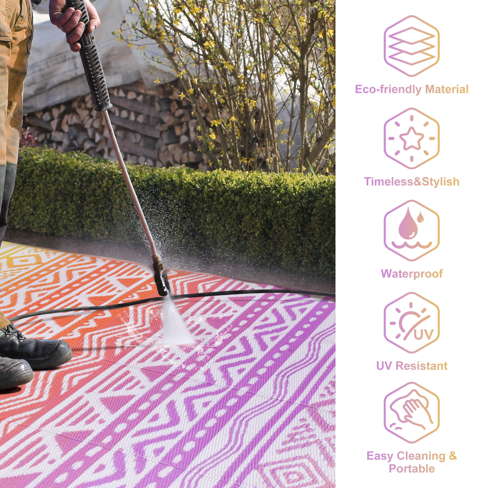 Moynesa Large Outdoor Rug Waterproof, 8'x10' Lightweight Plastic Straw Rug for Camping RV, Reversible Outside Carpet for Patio Deck Porch Balcony Picnic Tent, Orange/Purple