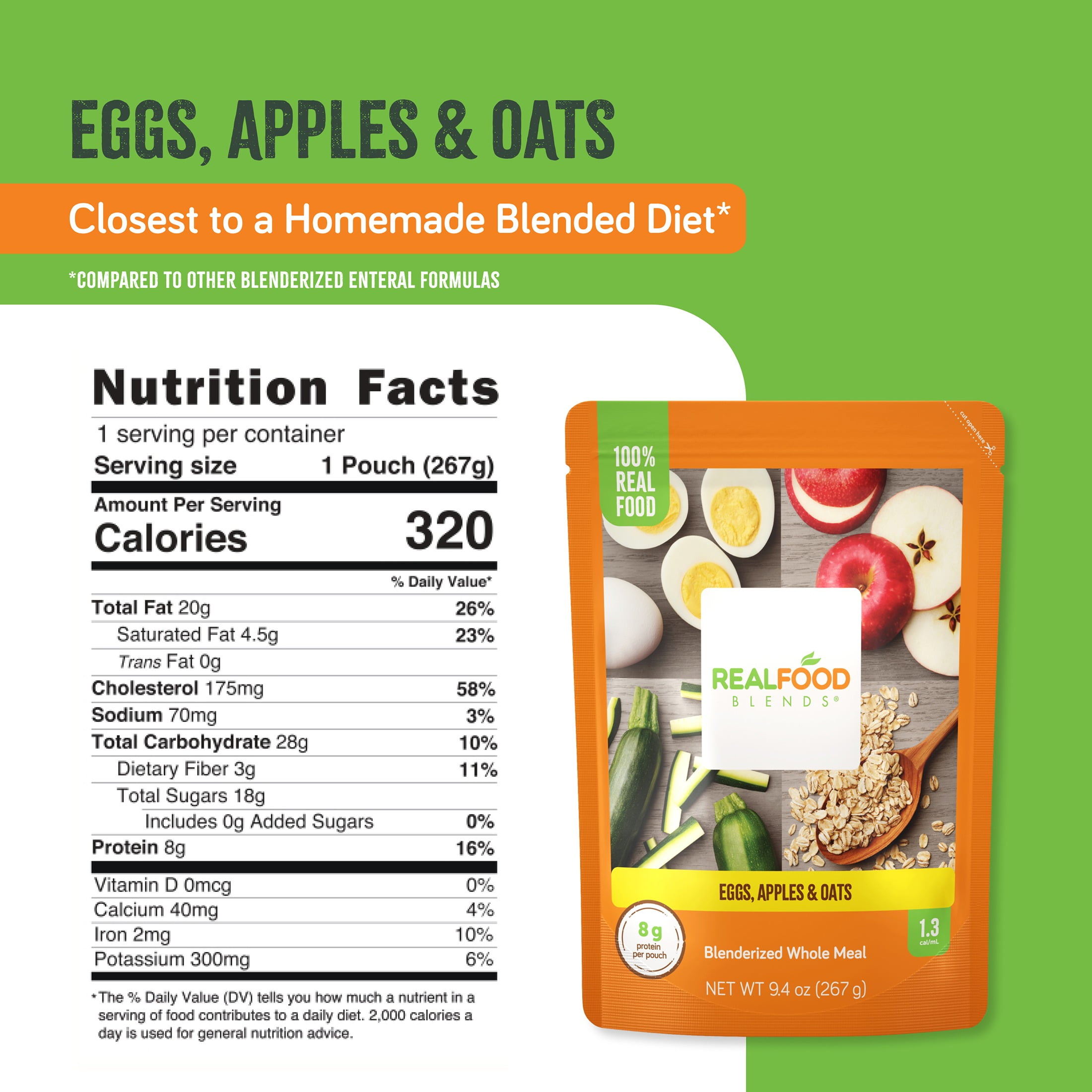 Real Food Blends Eggs, Apples & Oats - Pureed Food Meals for Tube Feeding with Protein, Vegetables & Fruits - 320 Calories for Breakfast, Lunch & Dinner - 9.4 oz (Pack of 12)