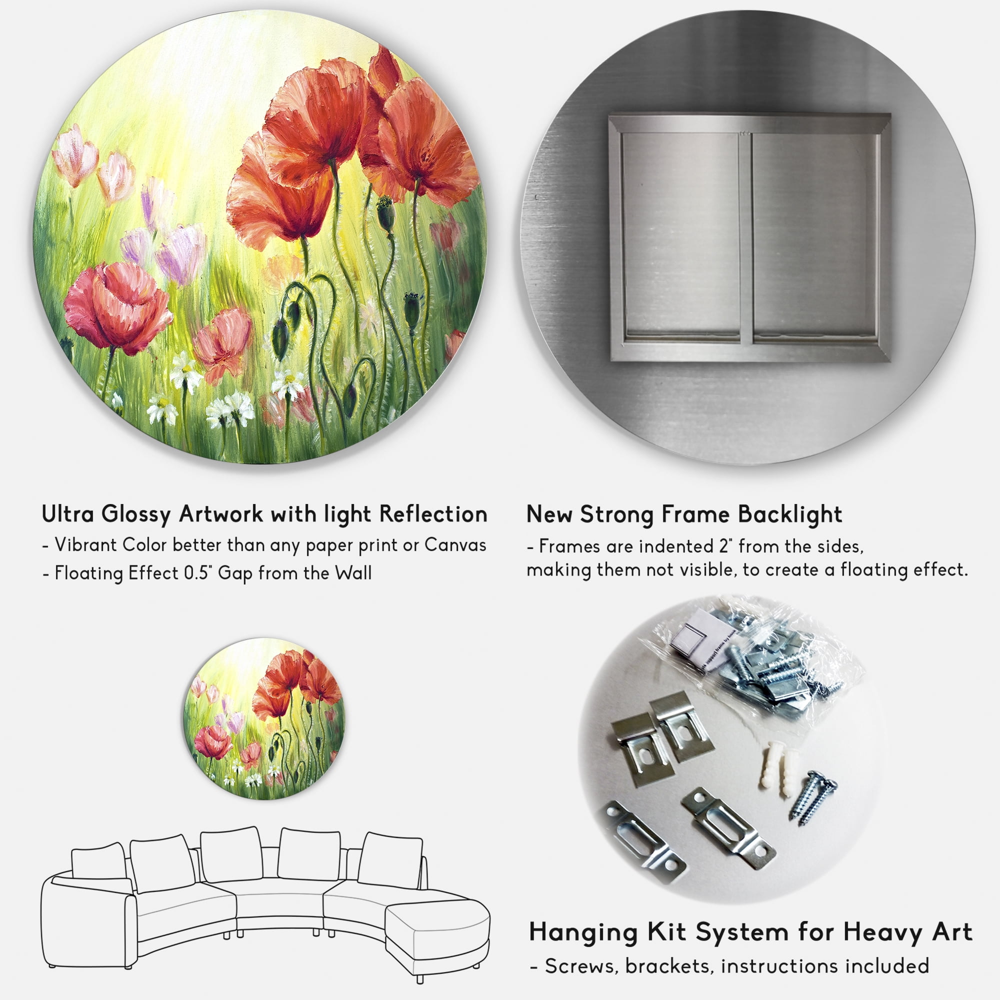 Designart 'Blossoming Red and Purple Poppies In The Morning I' Traditional Circle Metal Wall Art 23x23 - Disc of 23