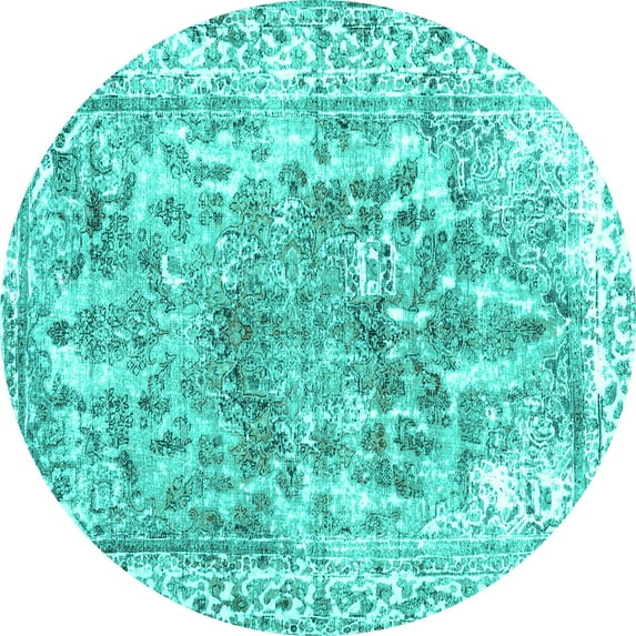 Ahgly Company Machine Washable Indoor Round Abstract Turquoise Blue Contemporary Area Rugs, 4' Round