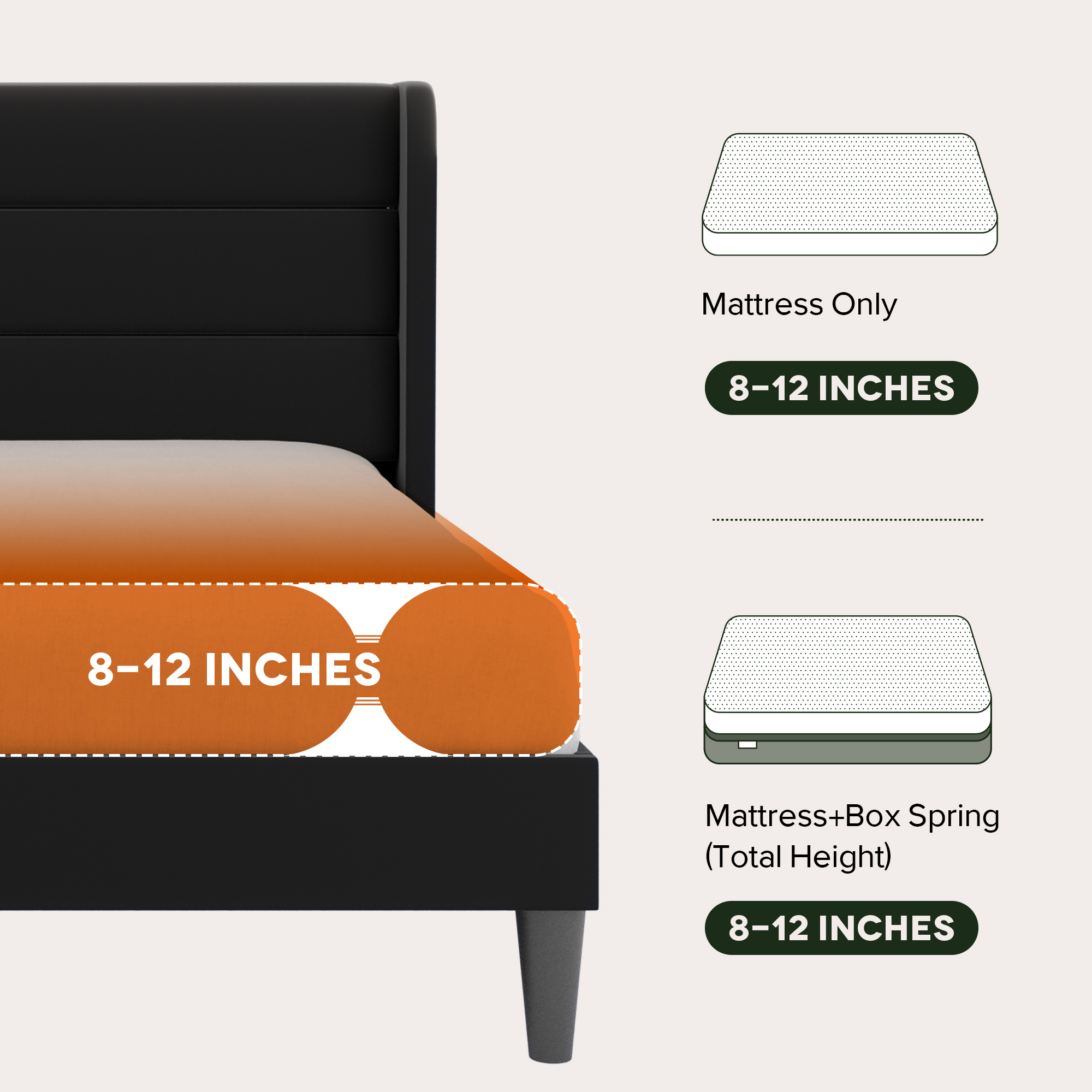 Einfach King Size Luxury Velvet Upholstered Platform Bed Frame with Wingback Headboard, Black