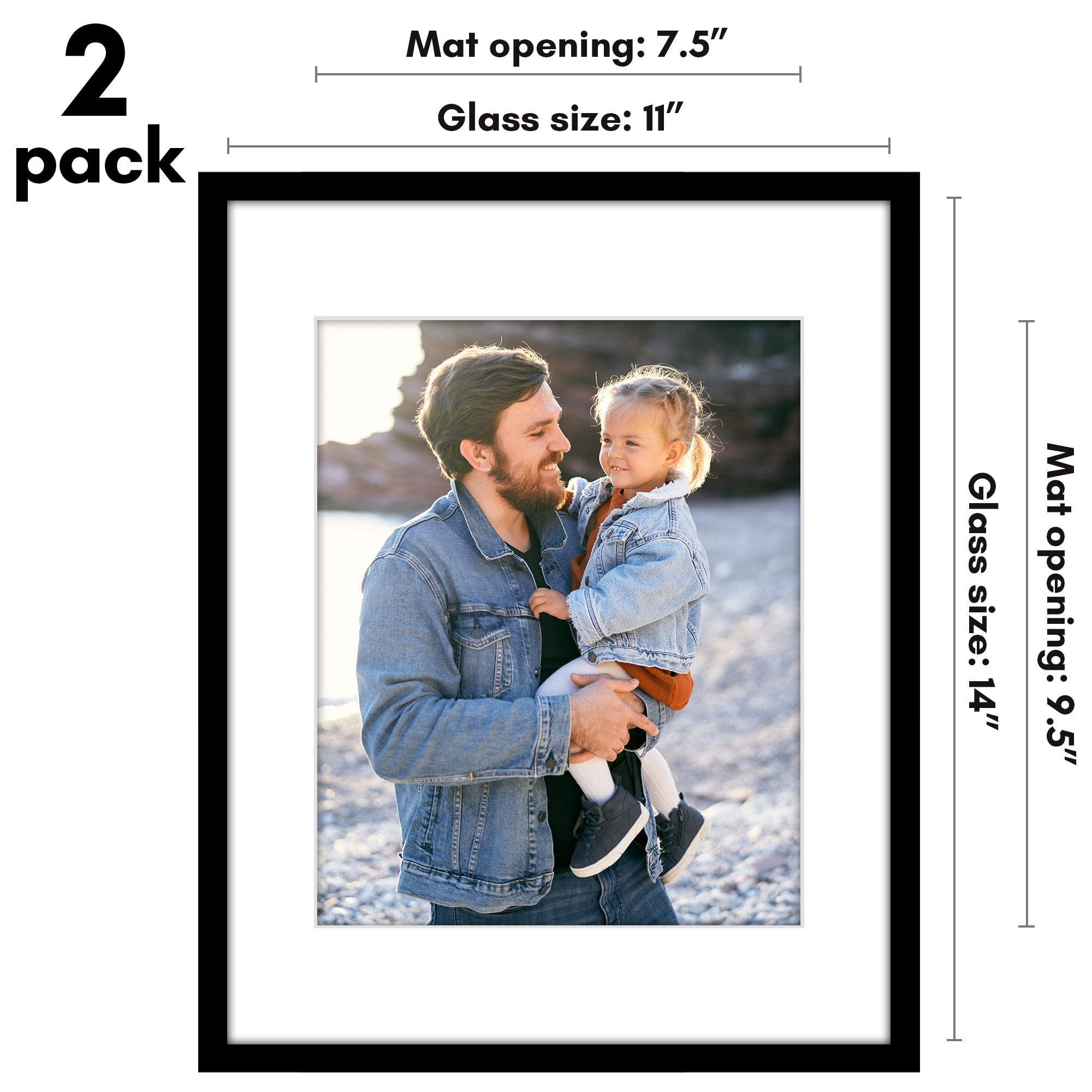 Americanflat 11x14 Picture Frame with 8x10 Mat Shatter-Resistant Glass 2 Pack Frames Display Photo Streamline - Black