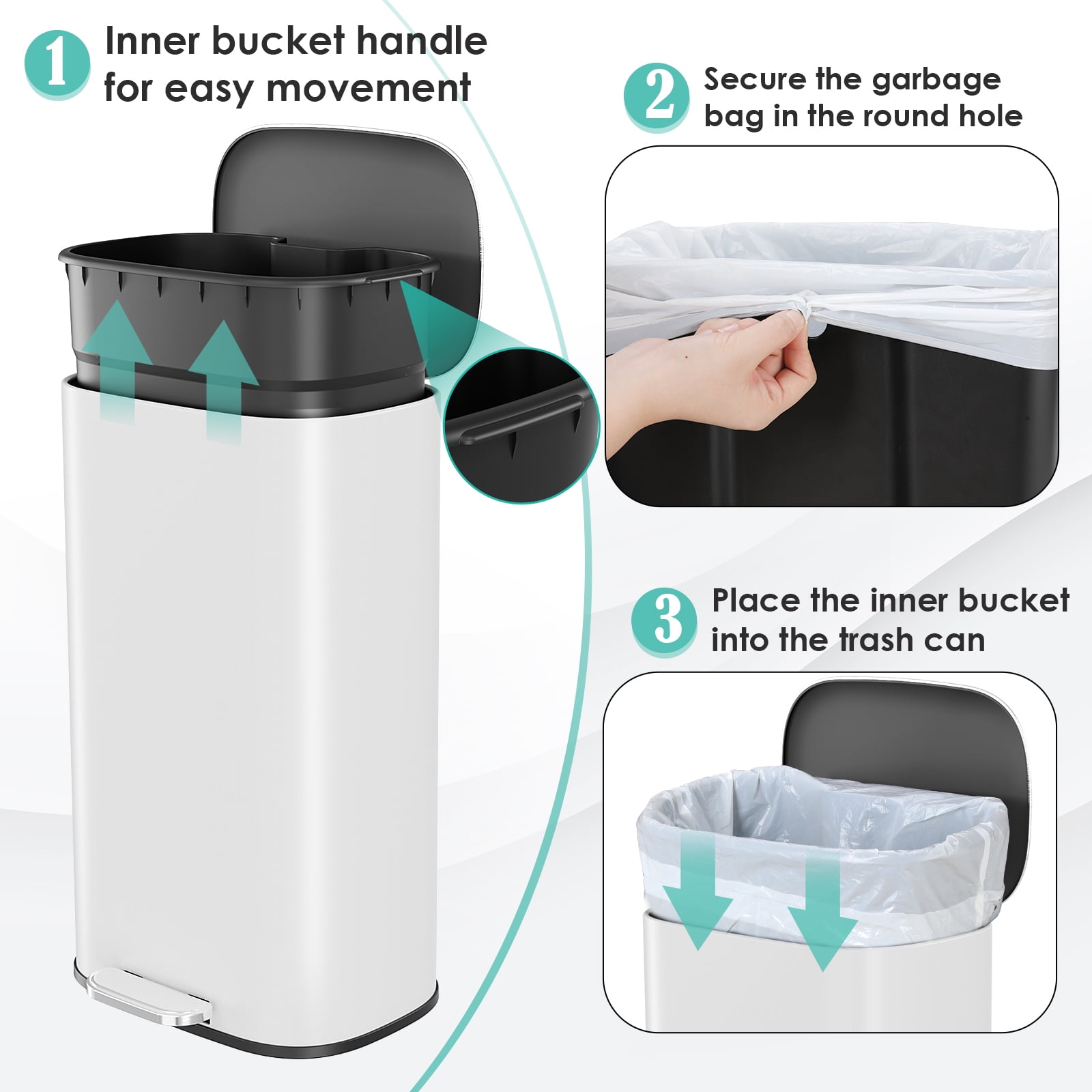 Arlopu 8 Gallon Step Trash Can, Stainless Steel Garbage Bin with Soft-Close Lid for Kitchen, Home, White