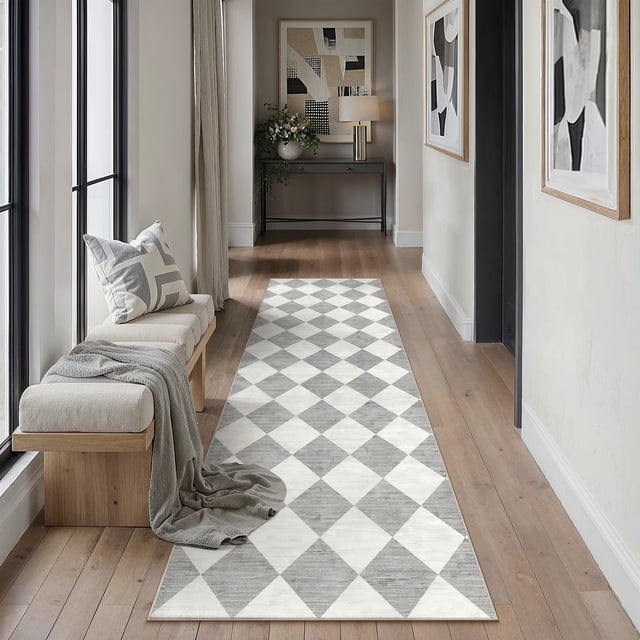 BERTHMEER 2'x8' Washable Rhombus Checkered Runner Rugs for Hallway Bathroom Bedroom Entryway Kitchen Non Slip Geometric Modern Contemporary Indoor Runner Rugs,Gray