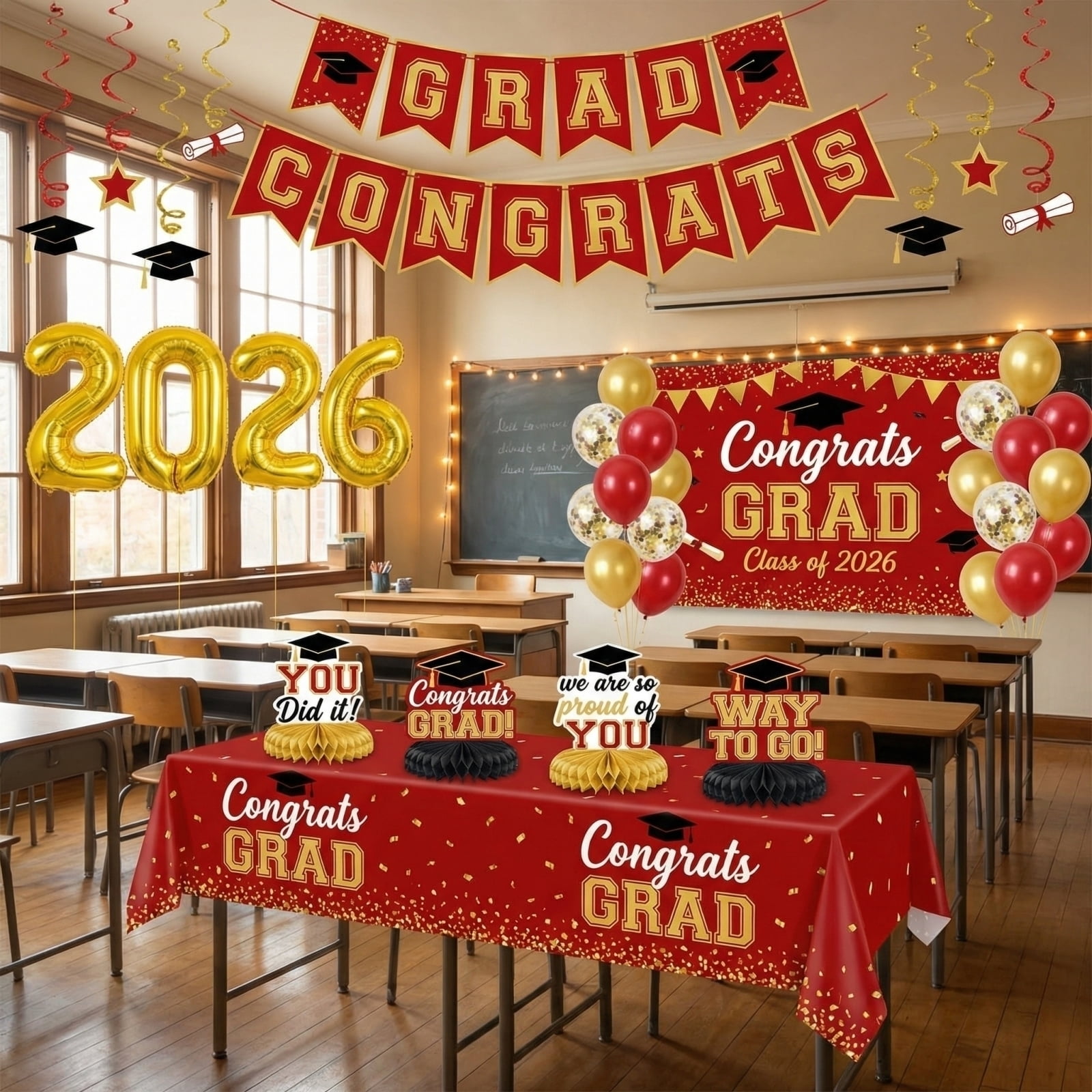 Graduation Decorations 2026, Graduation Party Supplies, Red and Gold Balloons, Gold Confetti Balloons, Congrats Grad 2026 Banner, 14 Pc Kit, Graduation Cap Decorations, Graduation