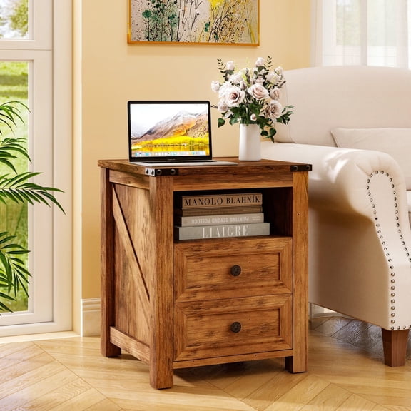 Farmhouse Nightstand with Charging Station, 18" Bedside Table with Drawer & Storage Cabinet, Brown End Table, Set of 1