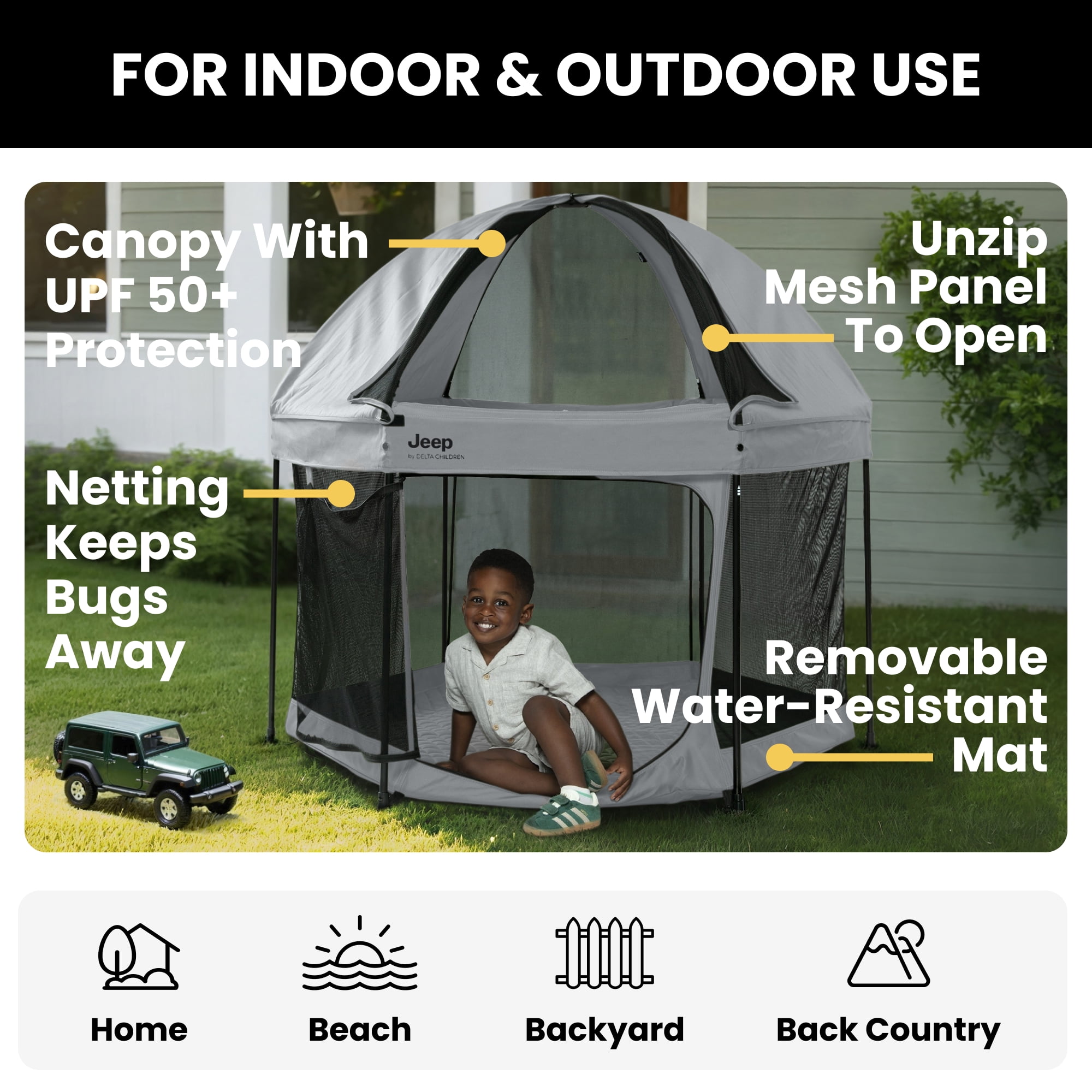 Jeep Hexagon Pop Up Play Yard with Removable Canopy - Ideal for Indoor and Outdoor Use, Grey