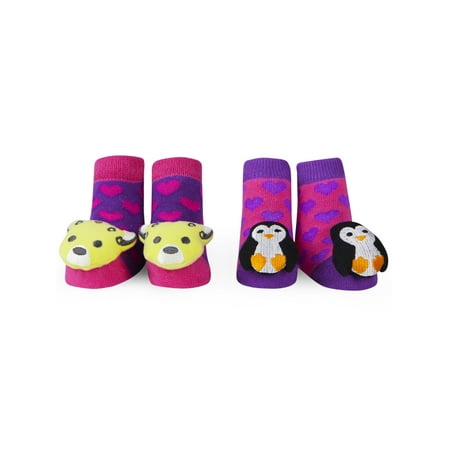 Waddle and Friends Baby Shower Gift Idea: Newborn Baby Girls Booties with  Rattle Toe Animal Plush Penguin and Cheetah Slipper Socks 0-12 Months 2 Pack (2 Pairs) Purple and Pink Baby