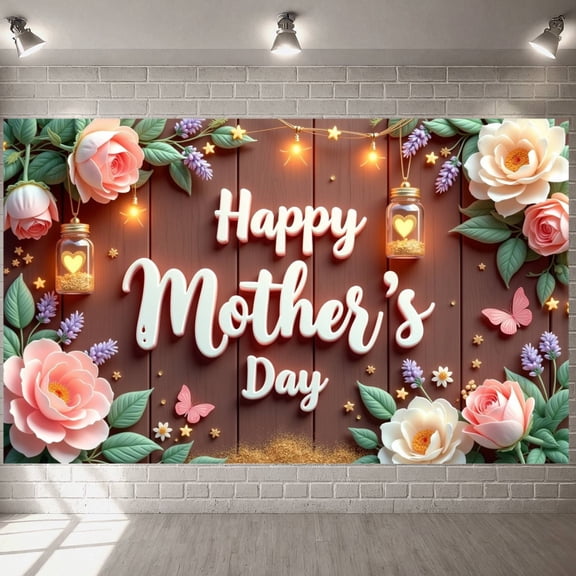 Romantic Happy Mother's Day Banner Floral Design Mother's Day Backdrop Heart Pattern Love Themed Background for Mother's Day Celebration Family Gathering Home Decoration