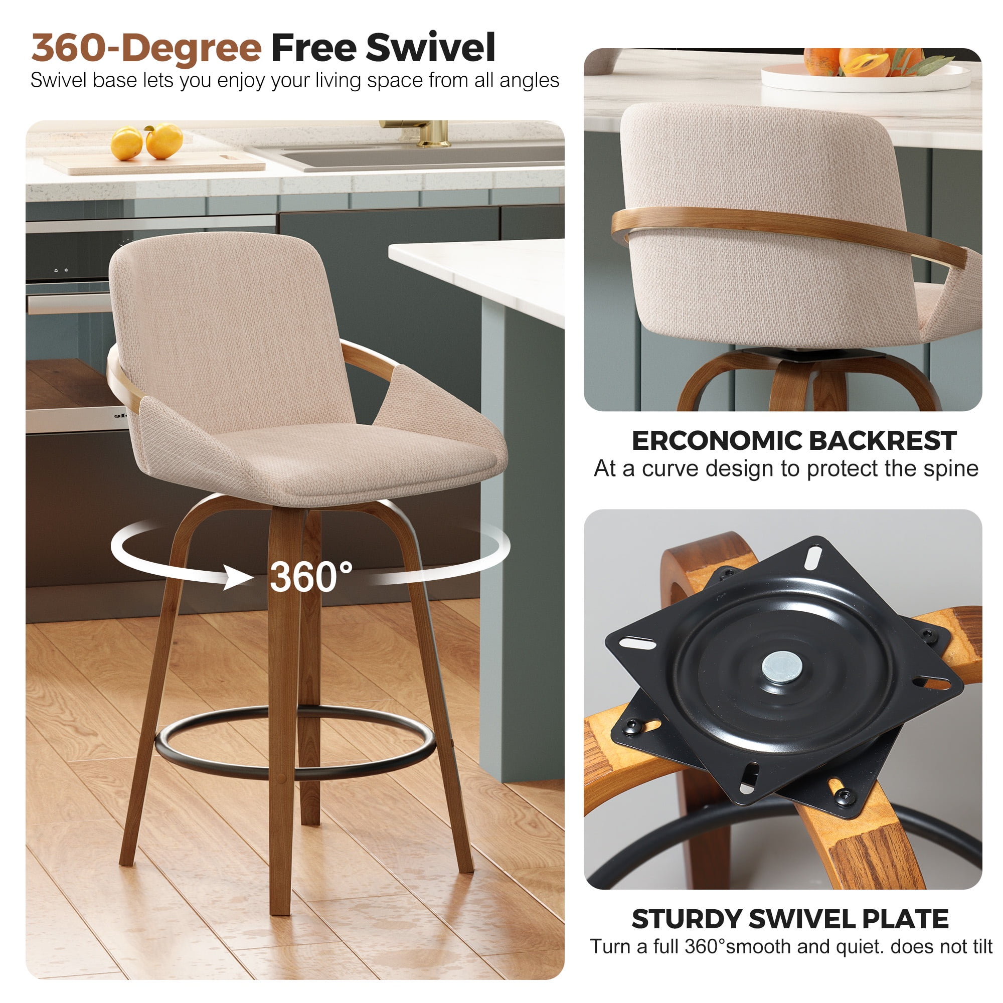 JULY'S SONG 26" Swivel Counter Height Bar Stools with Back Sets of 4, Mid Century Barstools with Wooden Legs, Beige