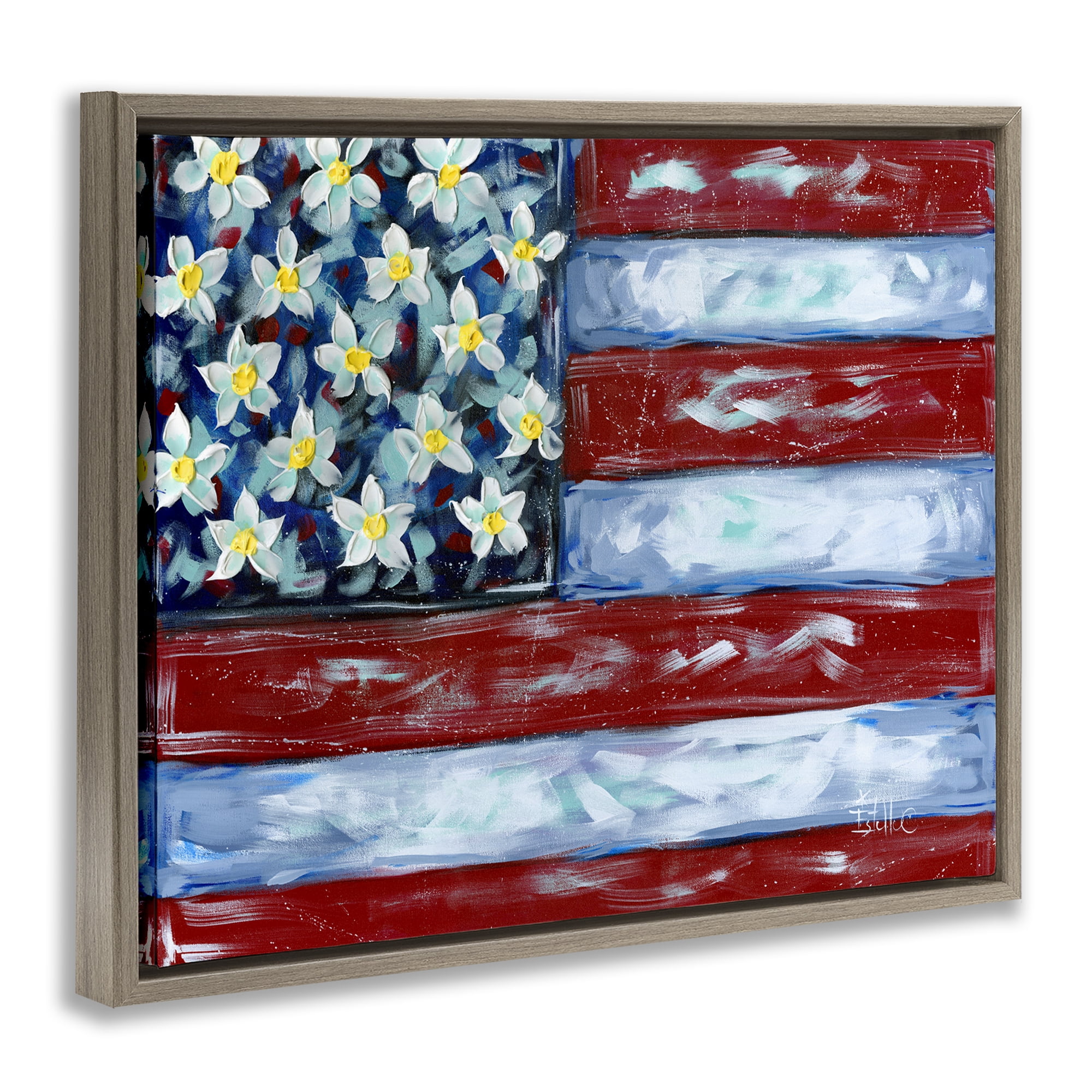 Stupell Industries Flower Stars & Stripes Flag Patriotic Painting Brown Floater Framed Canvas Art Print Wall Art, 21 x 17