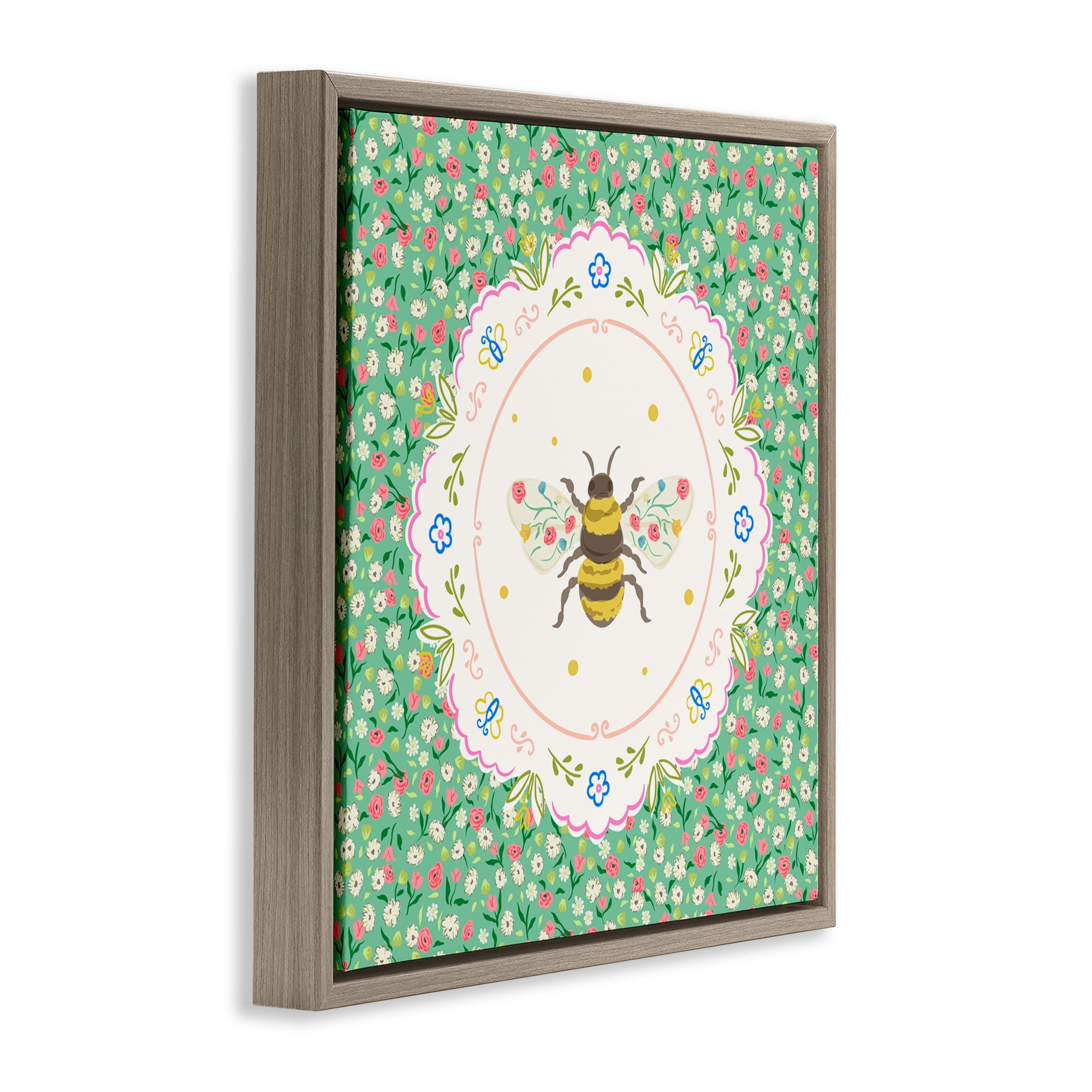 Spring Bee Delicate Florals Brown Framed Floater Canvas Wall Art, design by Angela Steahling
