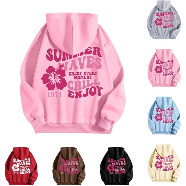 Pink Graphic Hoodie For Women 2024 Cute Preppy Sweatshirt Long Sleeve Drawstring Pullover Tops With Pockets