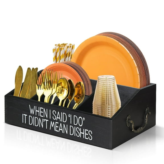 Paper Plates Dispenser, Wooden Plates Holder for Counter, Paper Plates Caddy Organizer, Silverware Utensil Caddy Cutlery Organizer for Cups Spoons Forks - Party BBQ Camping, Black Kitchen Accessories