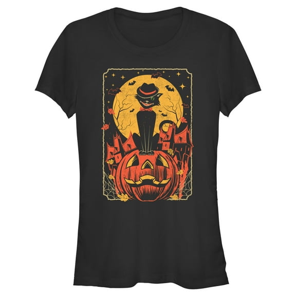 Junior's Lost Gods Halloween Retro Cat Scene Graphic Tee Black Small