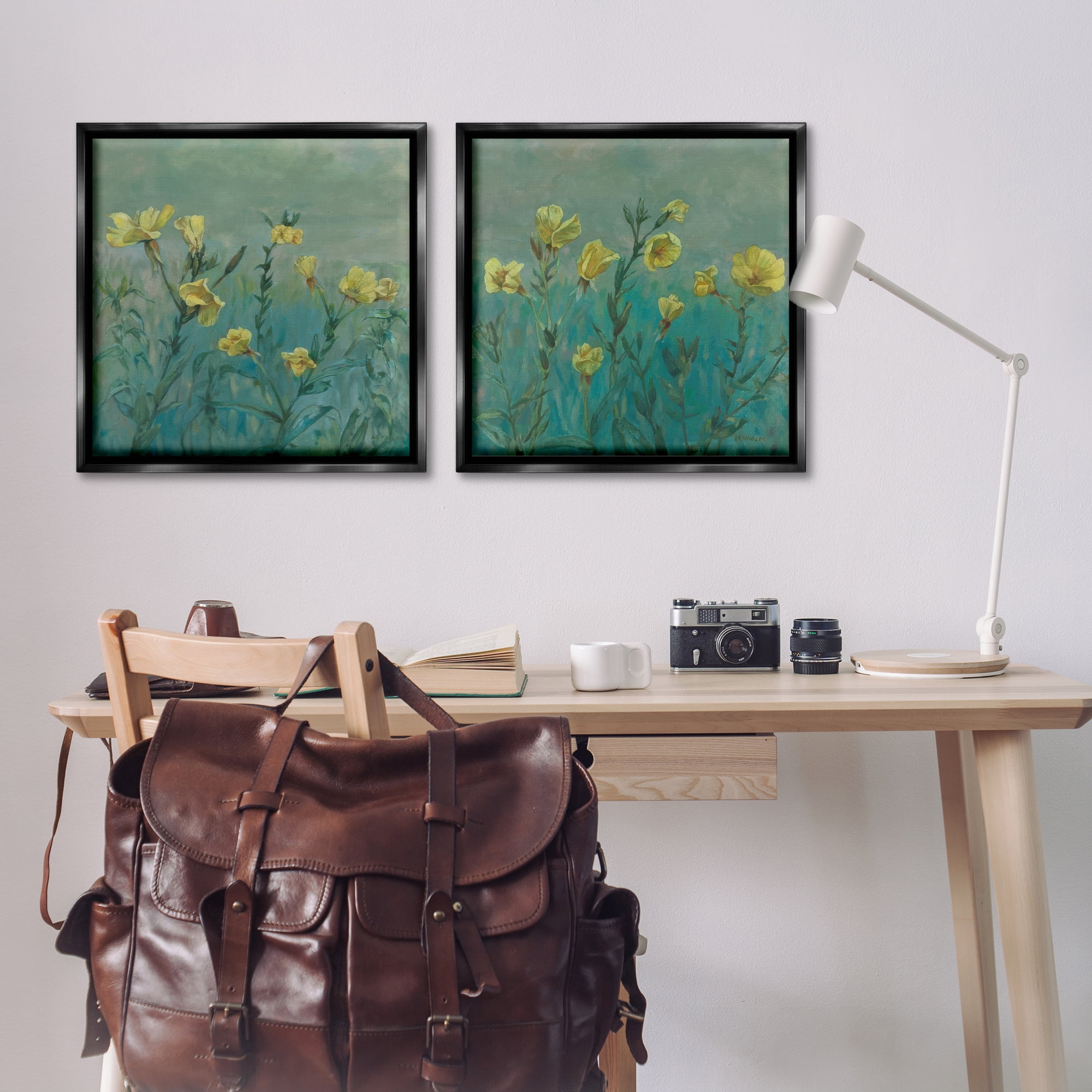 Stupell Industries Evening Primrose Flower Unfurling Plants & Flowers Painting Black Floater Framed Canvas Art Print Wall Art, 25 x 25, Set of 2