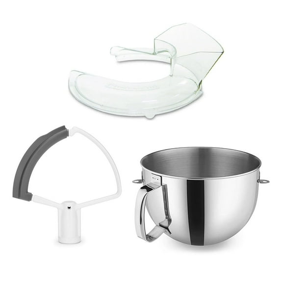 KitchenAid 6-Quart Stainless Steel Bowl w/Handle + Flex Edge Beater + Pouring Shield | Fits 6-Quart KitchenAid Bowl-Lift Stand Mixers