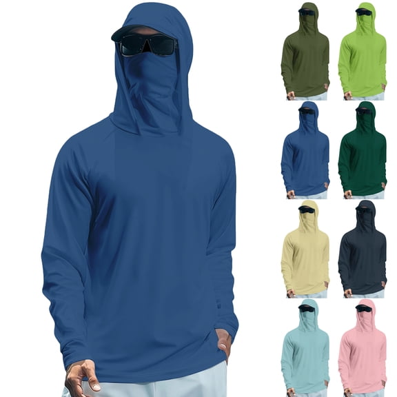 Men's UPF 50 Sun Protection Hooded Shirt with Integrated Face Cover Long Sleeve Lightweight Rash Guard Shirts Dark Green XL