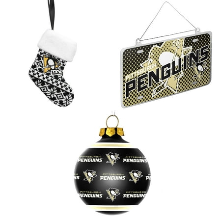 NHL Pittsburgh Penguins ORNAMENT STOCKING KNIT Metal License Plate NHL Pittsburgh Penguins ORNAMENT STOCKING KNIT Metal License Plate Christmas Ornament Repeat Glass Ball Bundle 3 - NHL Pittsburgh Penguins ORNAMENT STOCKING KNIT Metal License Plate