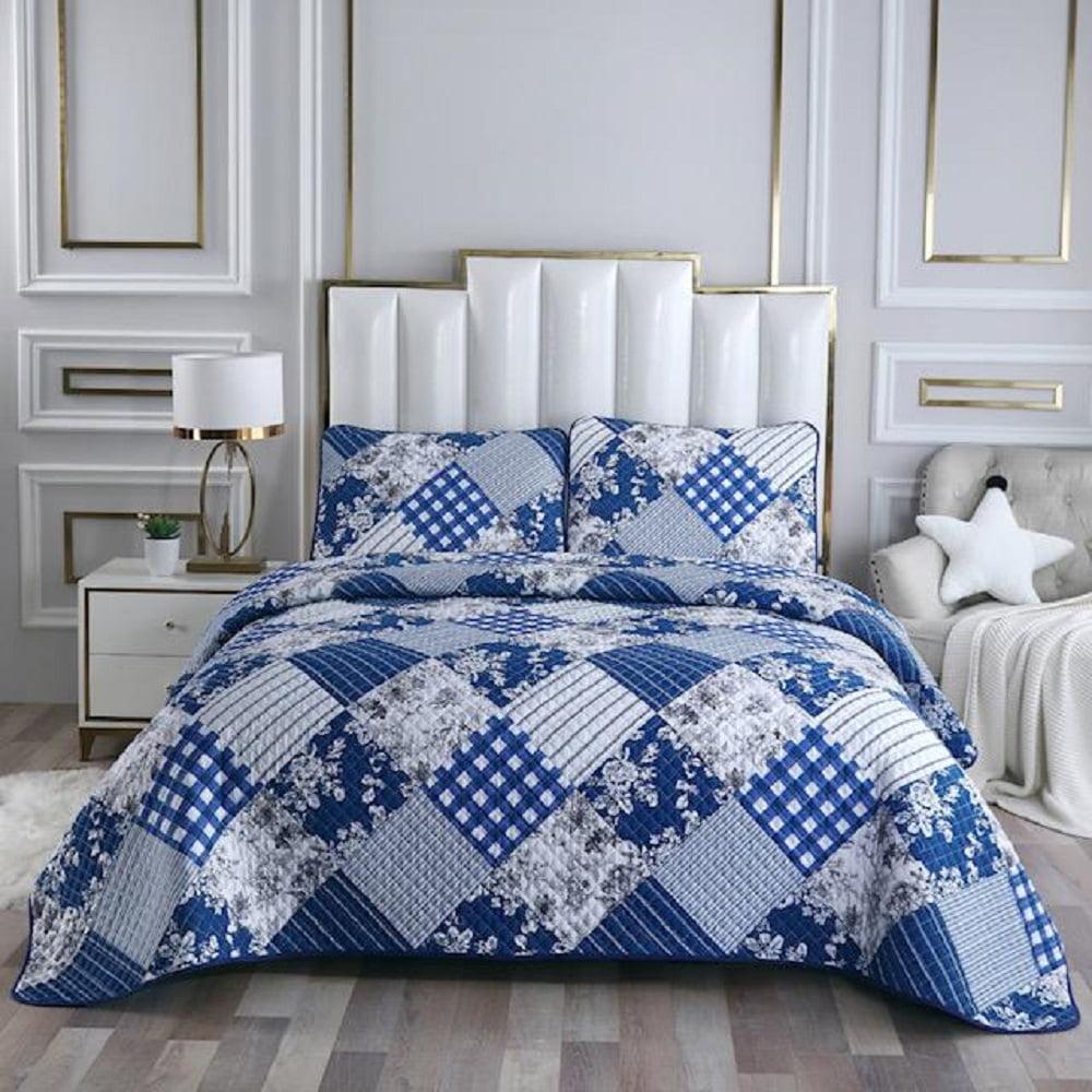 Luxury 100% Cotton Quilted Reversible Embroidered Bedspread 3Pcs Set 