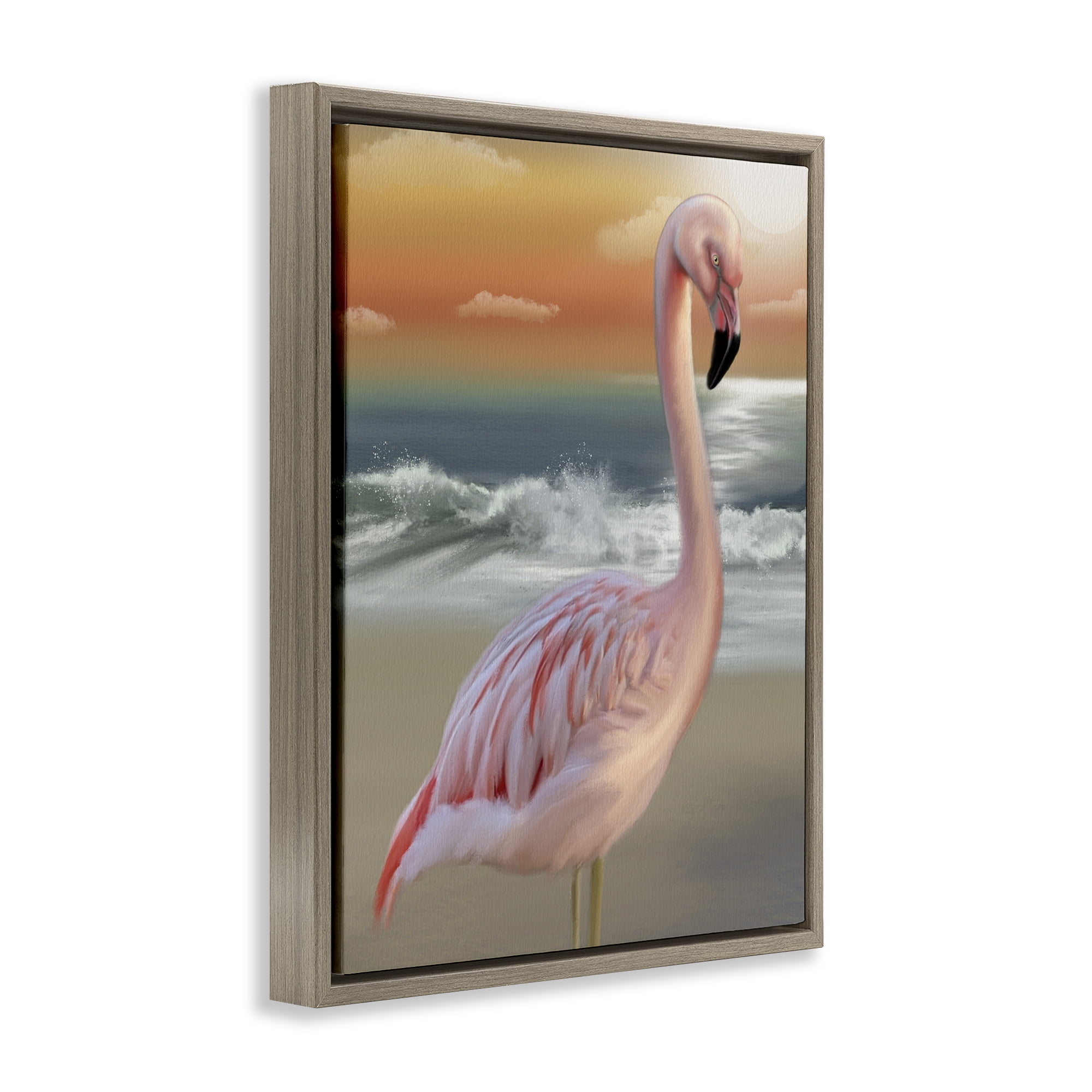 Stupell Industries Coastal Beach Flamingo Brown Framed Floater Canvas Wall Art, design by Matthew Piotrowicz