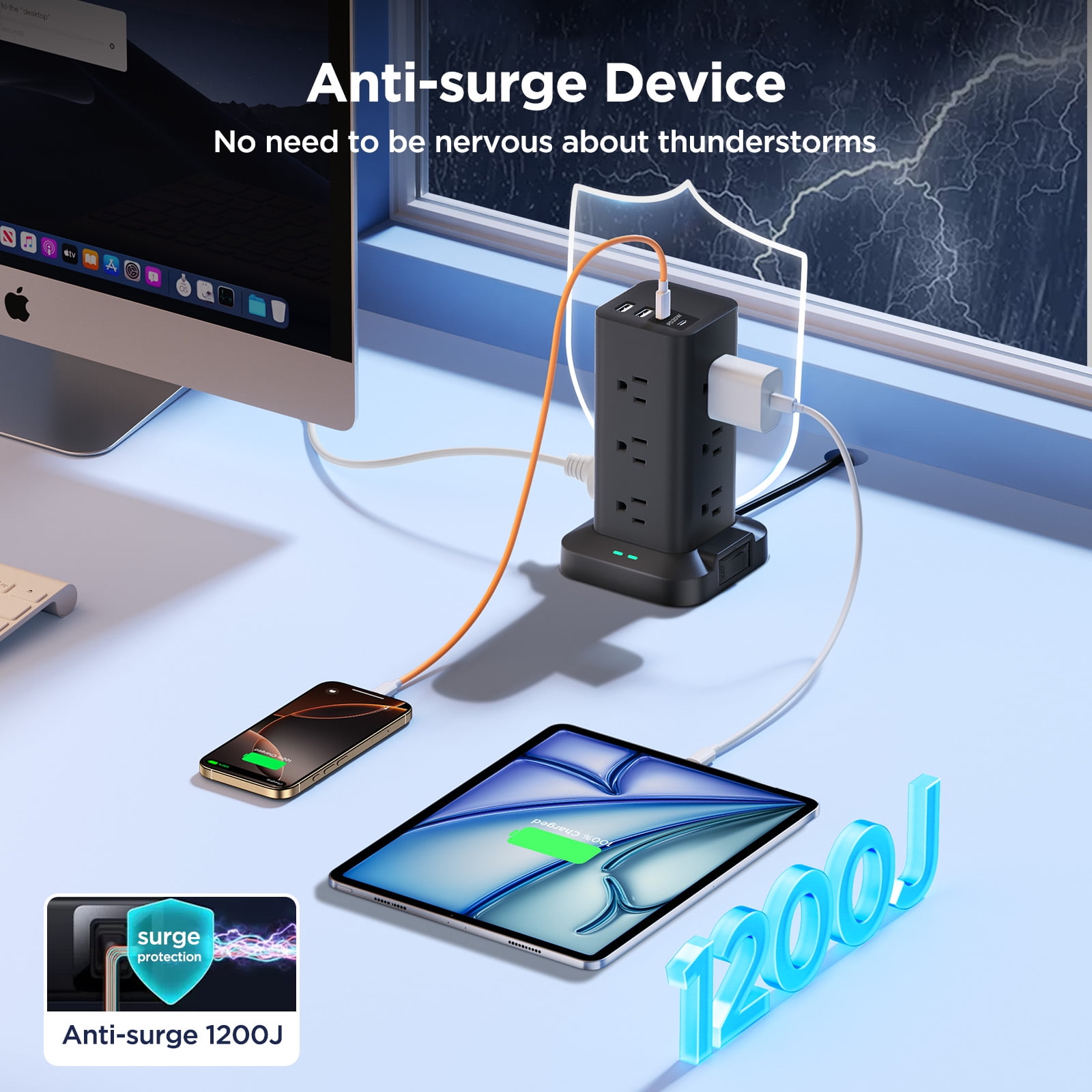 Aioneus Power Strip Tower Surge Protector with 12 Outlets and 4 USB (2 USB C + 2 USB A Ports) 6 FT Extension Cord, Black (2Pack)