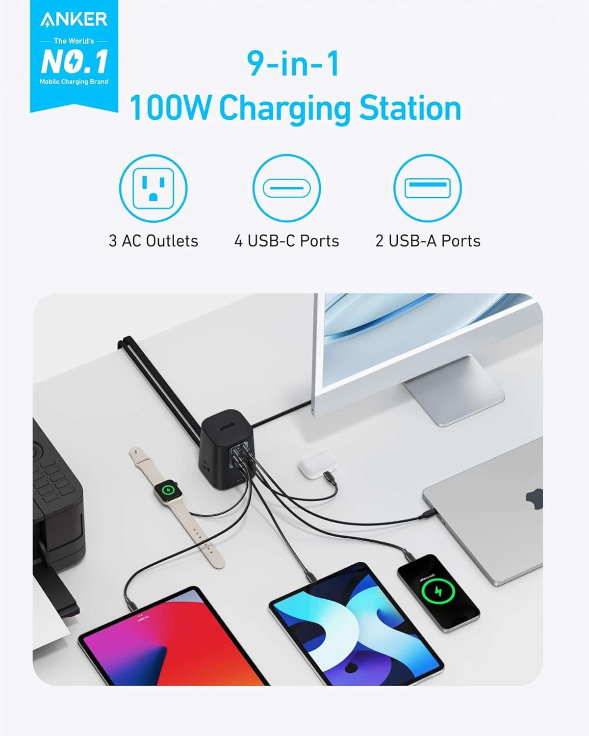 Anker Charging Station (100W), 9-in-1 USB C Power Strip with 300J Surge Protection, Compatible for iPhone 16 and MacBook, 5 ft Flat Cable and Plug, 4 USB-C and 2 USB-A Ports, 3 AC Outlets