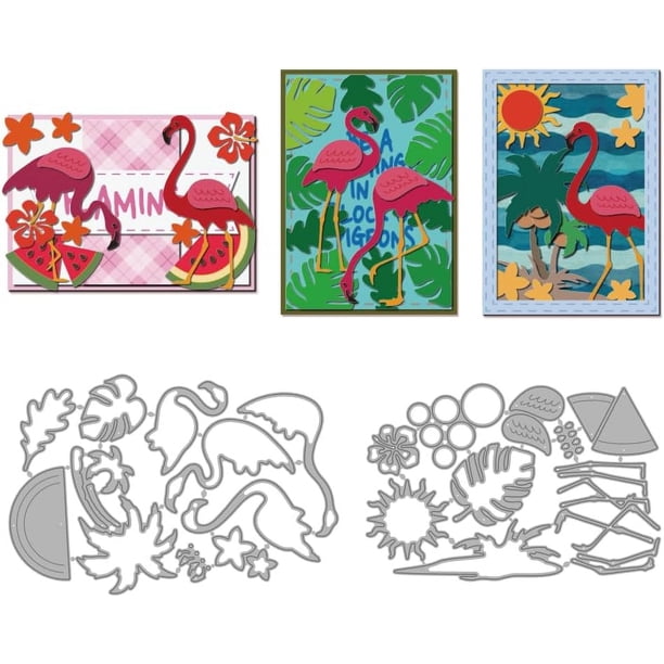 Troqueles metálicos de Flamingo Forest para hacer tarjetas con temática veraniega. Troqueles de corte de sandía, hojas tropicales y sol. Plantillas de repujado de acero al carbono.