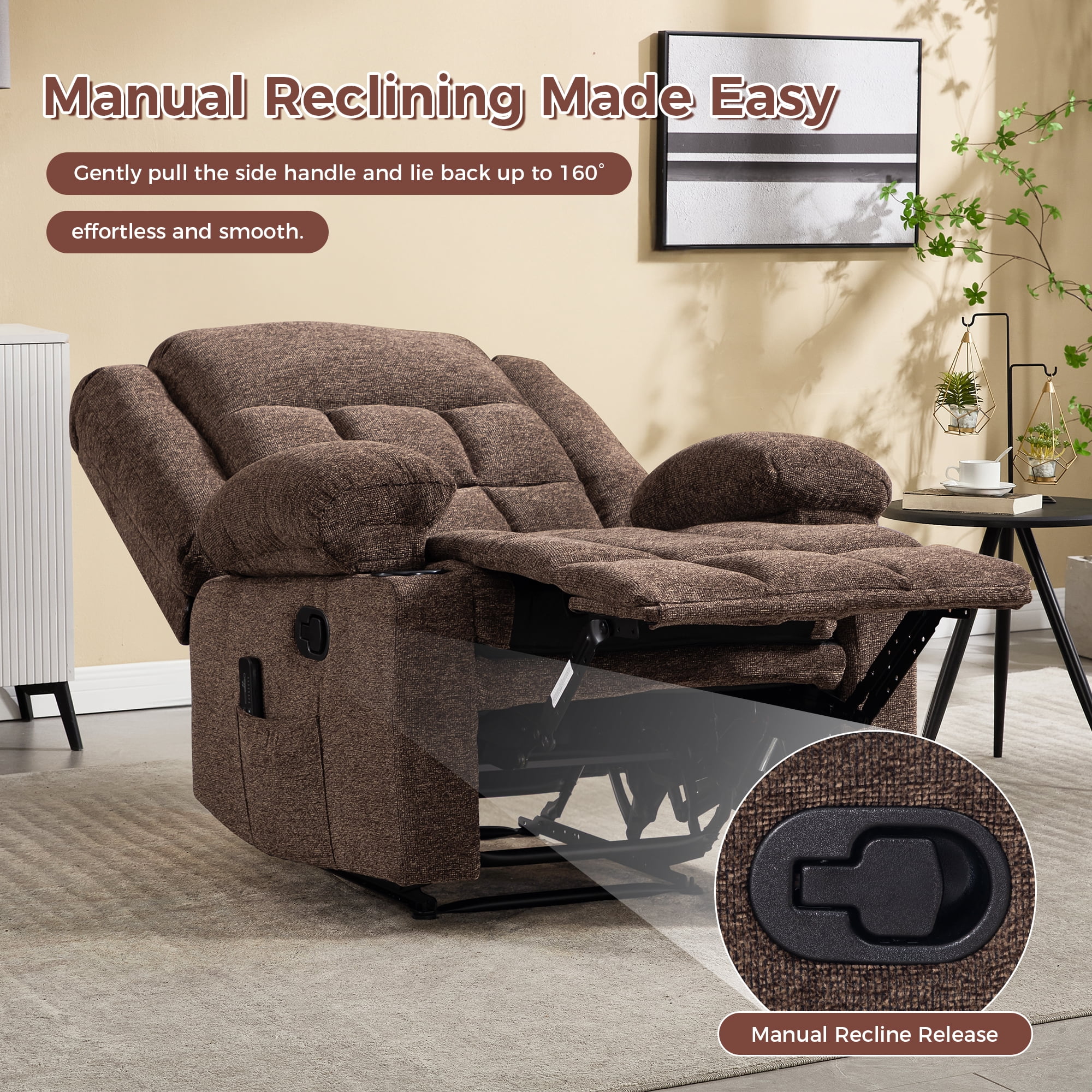 Ebello Manual Recliner Chair with Massage & Heat, Soft Fabric Recliner Chair with Cup Holders and Side Pockets for Living Room, Brown